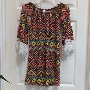 WinWin Women's Half Sleeve Lace Tunic Bell Sleeve Geometric Print Size S/M